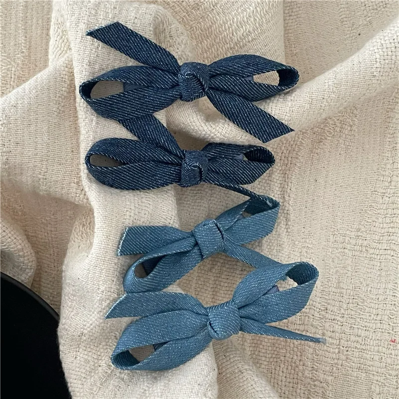 Fashion Personality Denim Blue Fabric Bow Barrettes a Pair of Hairclips Side Shredded Hair Bangs Clip Duckbill Clip New