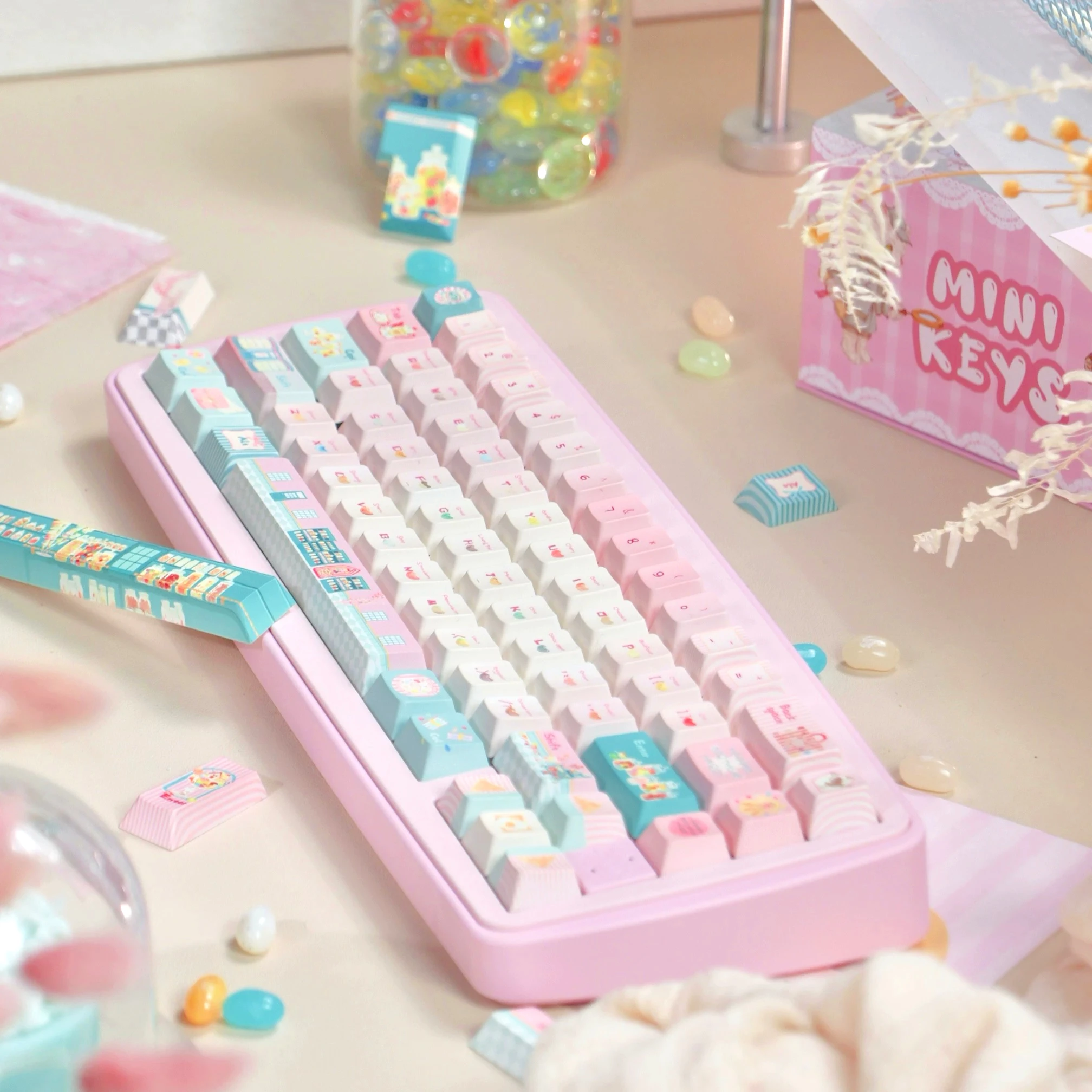 MAIMOOO Keycaps Cute Bibi Multi Flavored Bean Pink Blue Cherry Pbt/PC Plastic Material Sublimation Keyboard Keycap for Aula F87