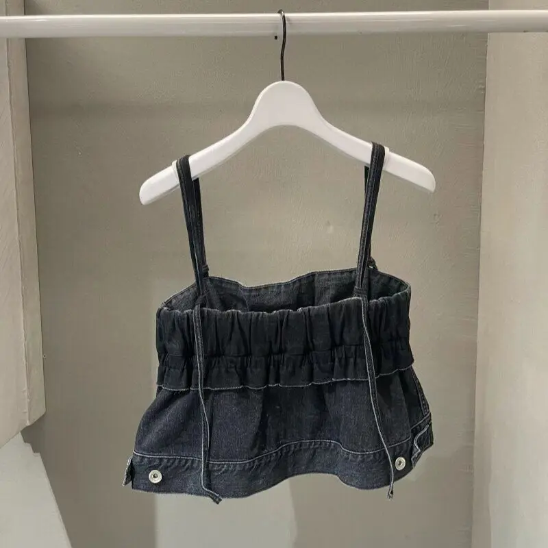 SAC 26ss casual denim design pleated short sling vest