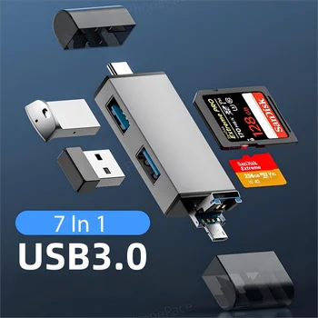 Lector de tarjetas USB 3,0 multifunción 7 en 1, lector de memoria de tarjetas Micro TF SD, unidad Flash USB, adaptador de tarjeta tipo C OTG 1