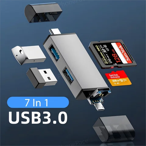 Lector de tarjetas USB 3,0 multifunción 7 en 1, lector de memoria de tarjetas Micro TF SD, unidad Flash USB, adaptador de tarjeta tipo C OTG