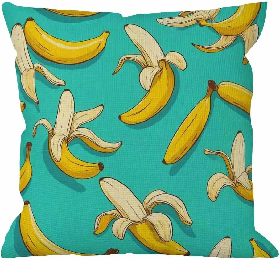 Yellow Banana Pattern Pillowcase, Teal Tropical Fruit Cushion Cover, Fresh Summer Kitchen Home Decor, Funny Foodie Gift