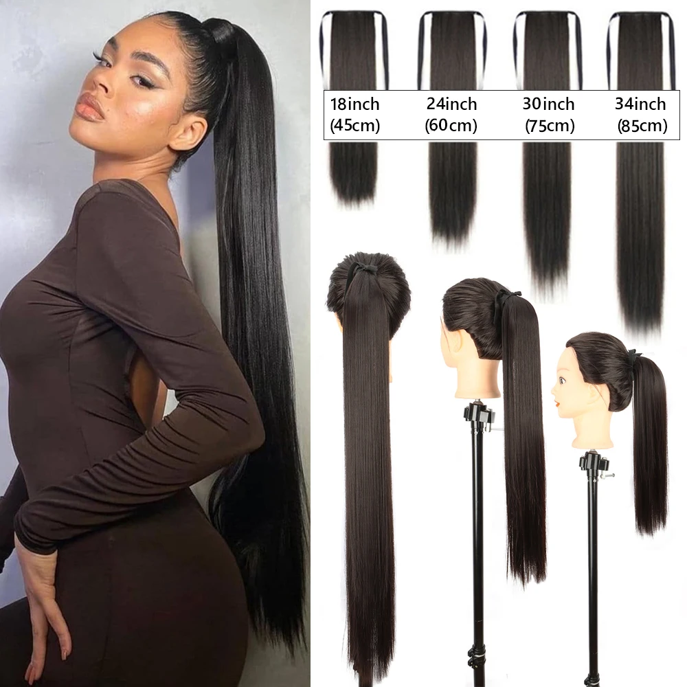 

Женский синтетический парик с длинными прямыми волосами (18-34 дюйма), женский аксессуар для волос с удлиненным накладным хвостом.