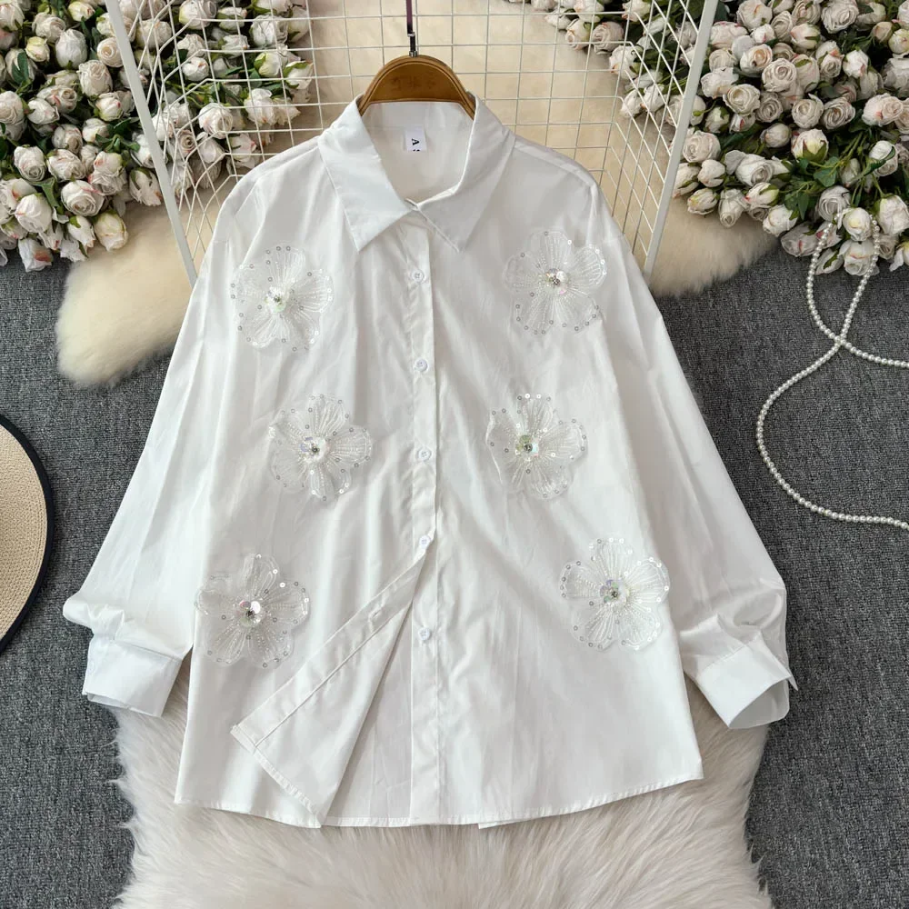 Basics Long Sleeves Polo-neck Chic Floral Rhinestone Loose Single Breasted Top Korean Streetwear High Street Autumn Women Blouse