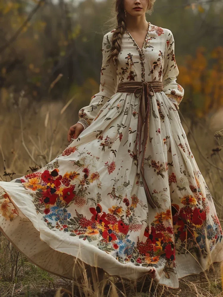 Robe longue à imprimé Floral pour femmes, col en v, ethnique Indie Folk, Vintage, élégante, douce, manches longues, automne 2025