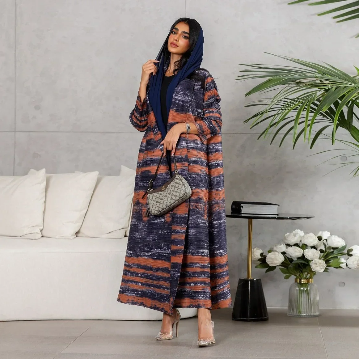

Fashion Print Pleated Women Long Coat 2025 Eid Ramadan Muslim Dress Dubai Kimono Open Abaya Turkey Kaftan Islam Clothing Caftan