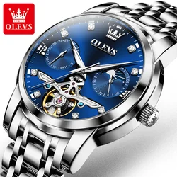 OLEVS 6703 New Mechanical Watch For Men Moon Phase Hollow Flywheel Big 42mm Dial Luxury Automatic Watches Waterproof Hand Clock