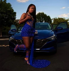 Royal Blue Sparkly Short Prom Dresses Black Girls Sexy Sequins Birthday Party Dresses African Mini Cocktail Dresses Homecoming