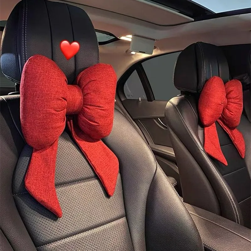 1pc Car Seat Headrest Lumbar Support Pillow Bow Ribbon Decor Soft Cushion Interior Comfort Accessory for Automobile