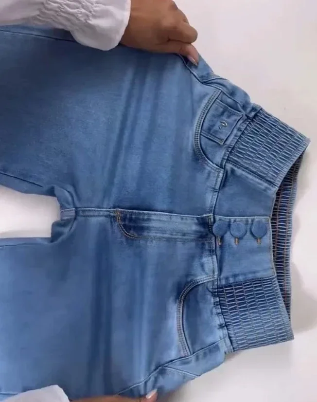 Jeans a vita alta con bottoni arricciati sul davanti, pantaloni femminili casual, sexy ed eleganti, di nuova moda 2024