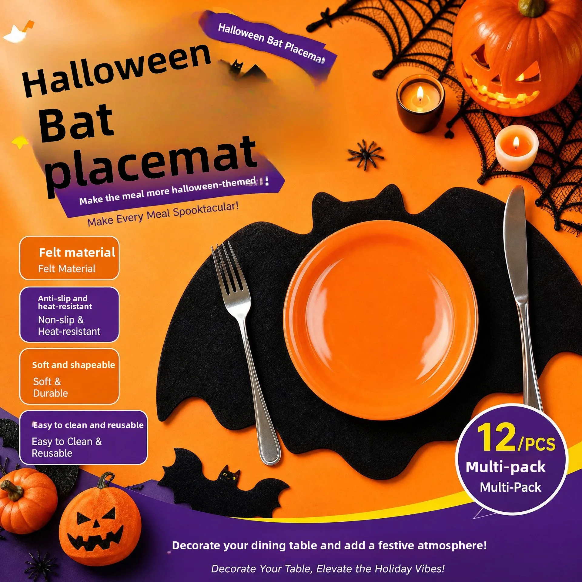 Halloween Felt Bat Placemat, Spider Web Heat-Resistant Coaster, Non-slip Heat-resistant Table Decorative Table Mat 5-pack