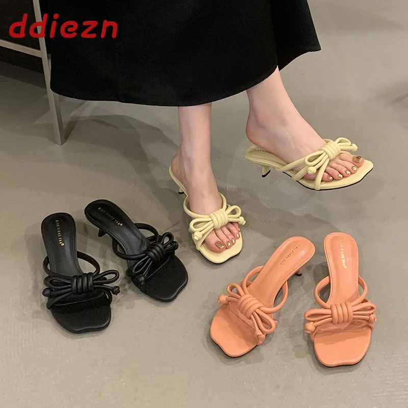 

New Spring Summer Slides Slippers Heel Shoes For Women Sandals Pumps Fashion Butterfly-Knot Ladies Thin Heels Slippers Shoes