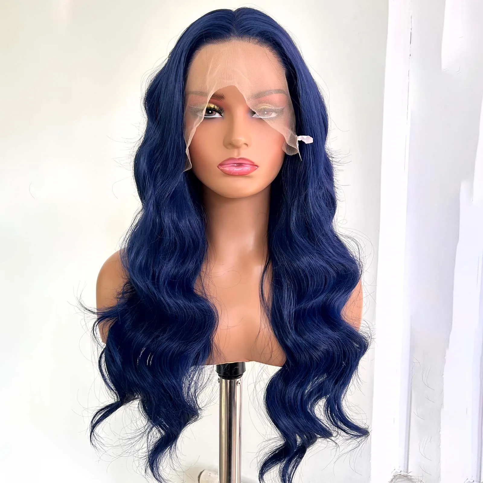 Peruca azul escura onda do corpo peruca dianteira do laço sintético parte média longo ondulado natural encaracolado 13x4 perucas frontais para festa diária feminina