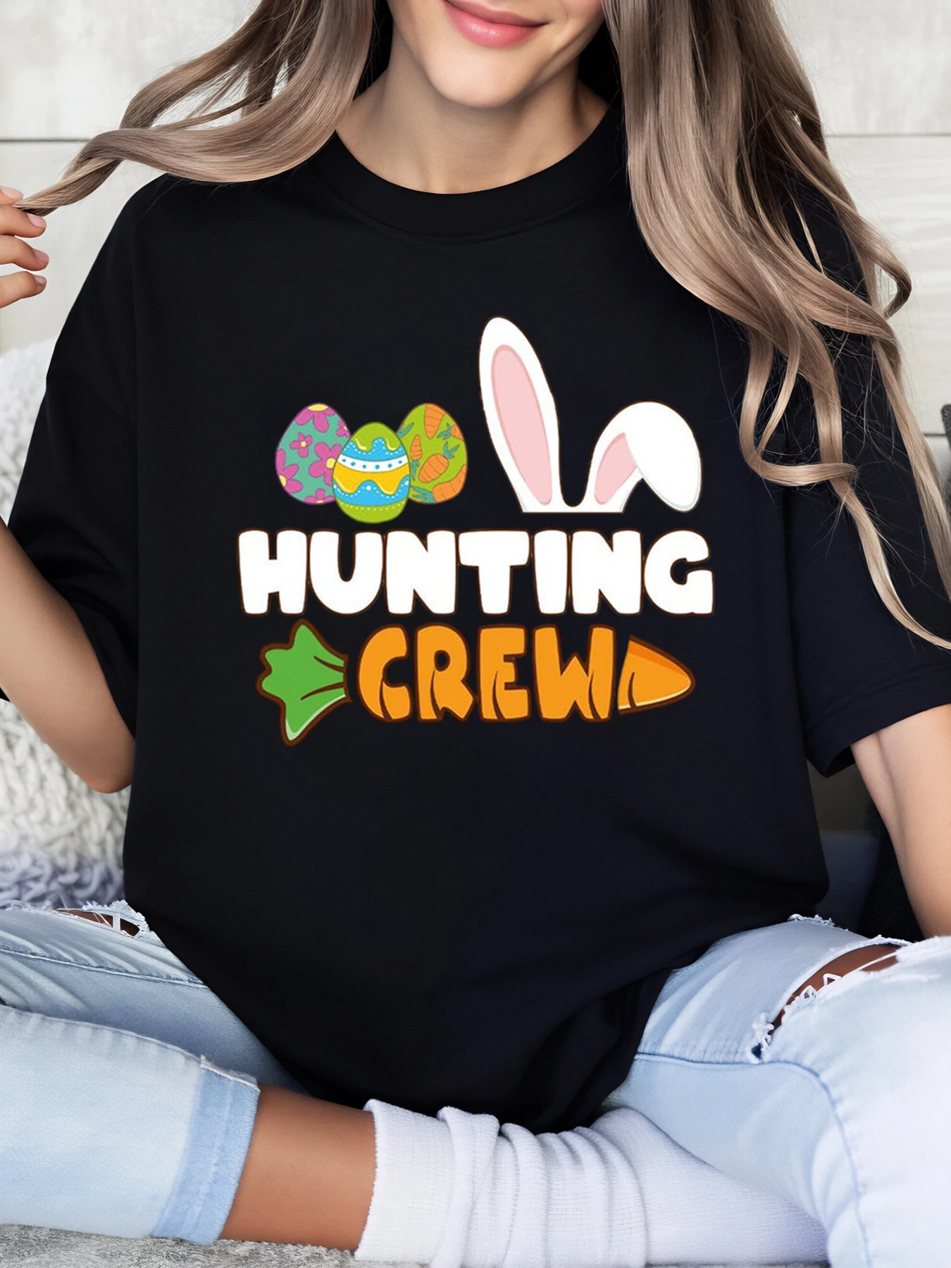 

Easter Bunny Eggs Hunting Crew Print T-Shirt Easter Holiday Women Casual Wear Black Plus-Size
