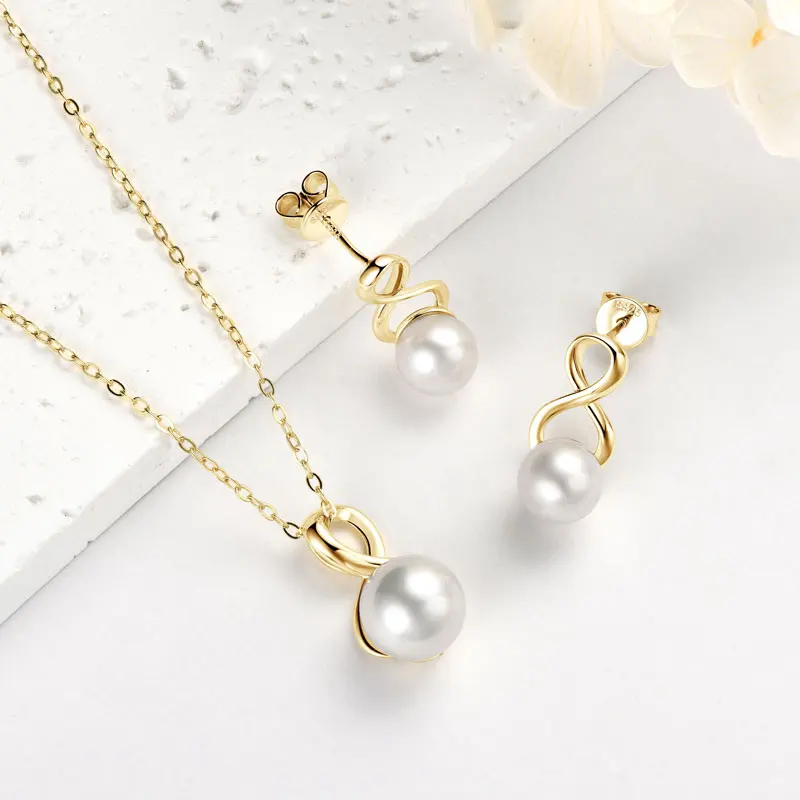Anziw 925 Silver Pearl Jewelry Set Natural Freshwater Pearl Bread-shaped Infinity Pendant Necklace Earrings Sets for Women Gifts