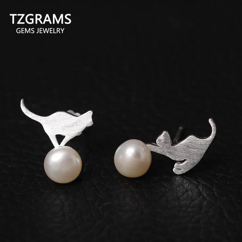 GQTORCH 925 Sterling Silver Personality Pearls Stud Earrings Cat Play Ball Natural Freshwater Pearls Jewelry For Women