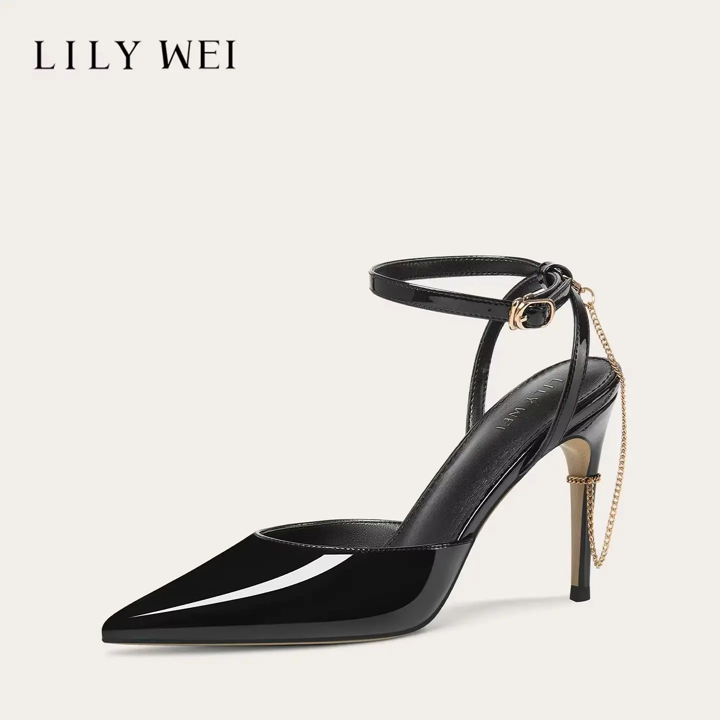 Summer new pointed black patent leather chain sexy sandals party dress big size small size widened high heels women's shoes