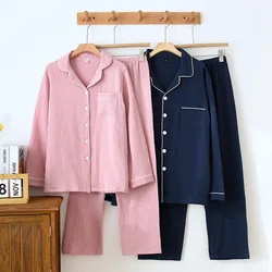 Spring /summer Pure Cotton Gauze Solid Color Men's and Women's Pajamas Double-layer Crepe Fabric Home Clothing Long Sleeved Set