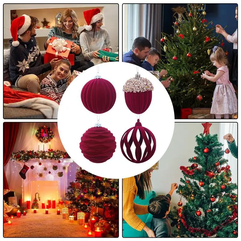 4pcs 8cm Flocked Balls Ornaments for Christmas Tree Wine Red Christmas Wedding Decorative Balls Shatterproof Engagement Ornament