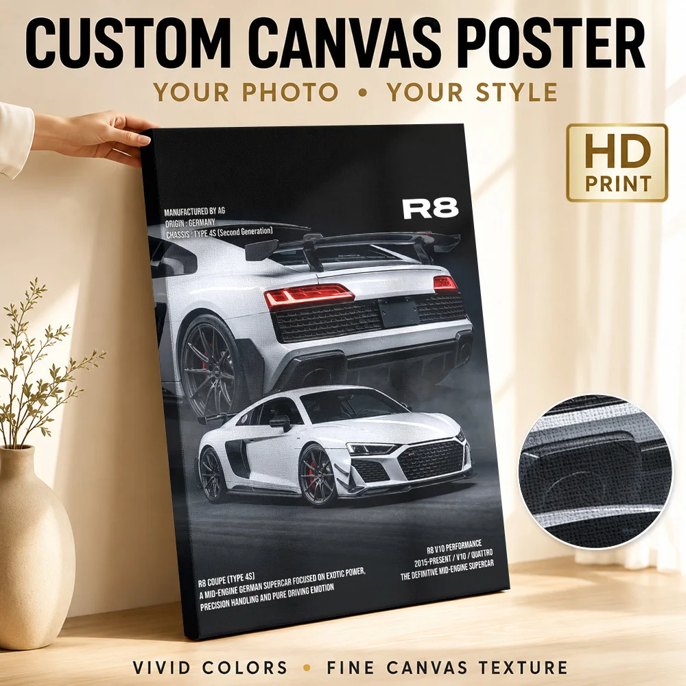 White Sleek German R8 V10 Sports Car Canvas Print Poster Customized Photo Modern Aesthetic Wall Art Man Cave Decor Driver Gift