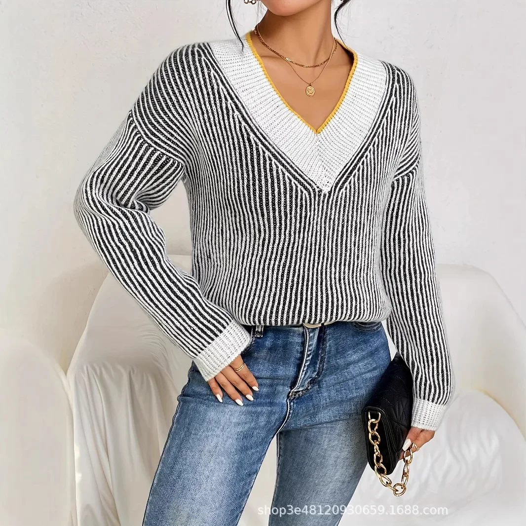 سترات نسائية مخططة متماسكة بأكمام طويلة ورقبة على شكل حرف V بلوفرات فضفاضة مرقعة متينة ملابس خروج أنيقة غير رسمية للسيدات