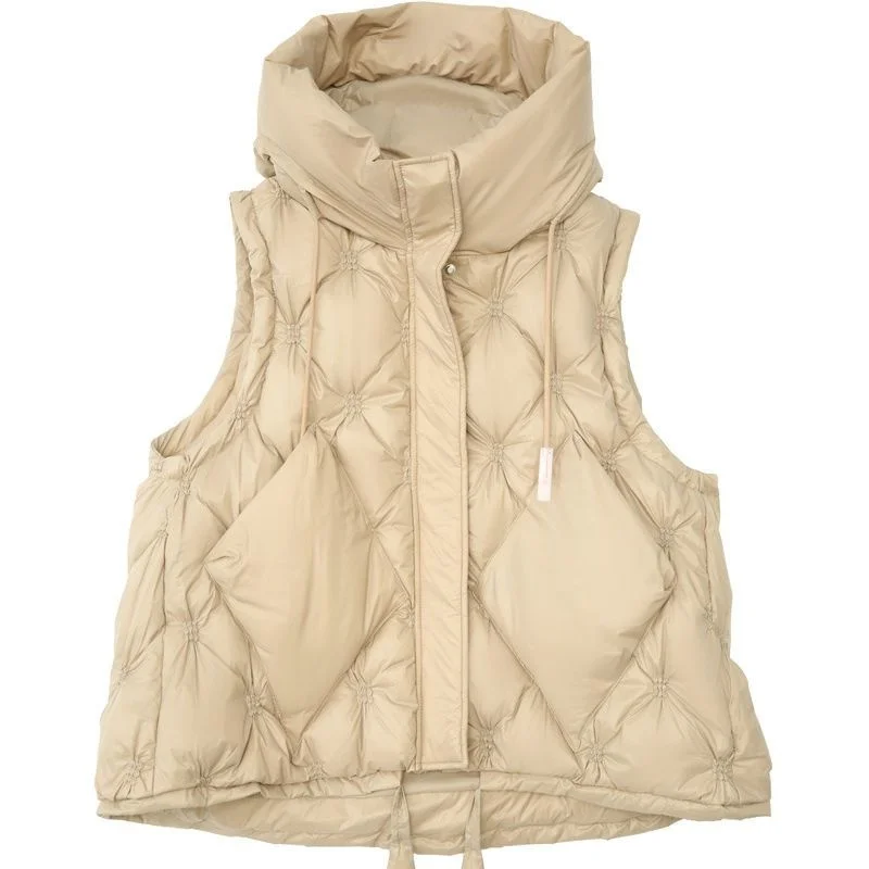 Autumn Winter Women Down Cotton Vest Rhombic Solid Color Hooded Waistcoat Korean Loose Sleeveless Ladies Outerwear Jackets