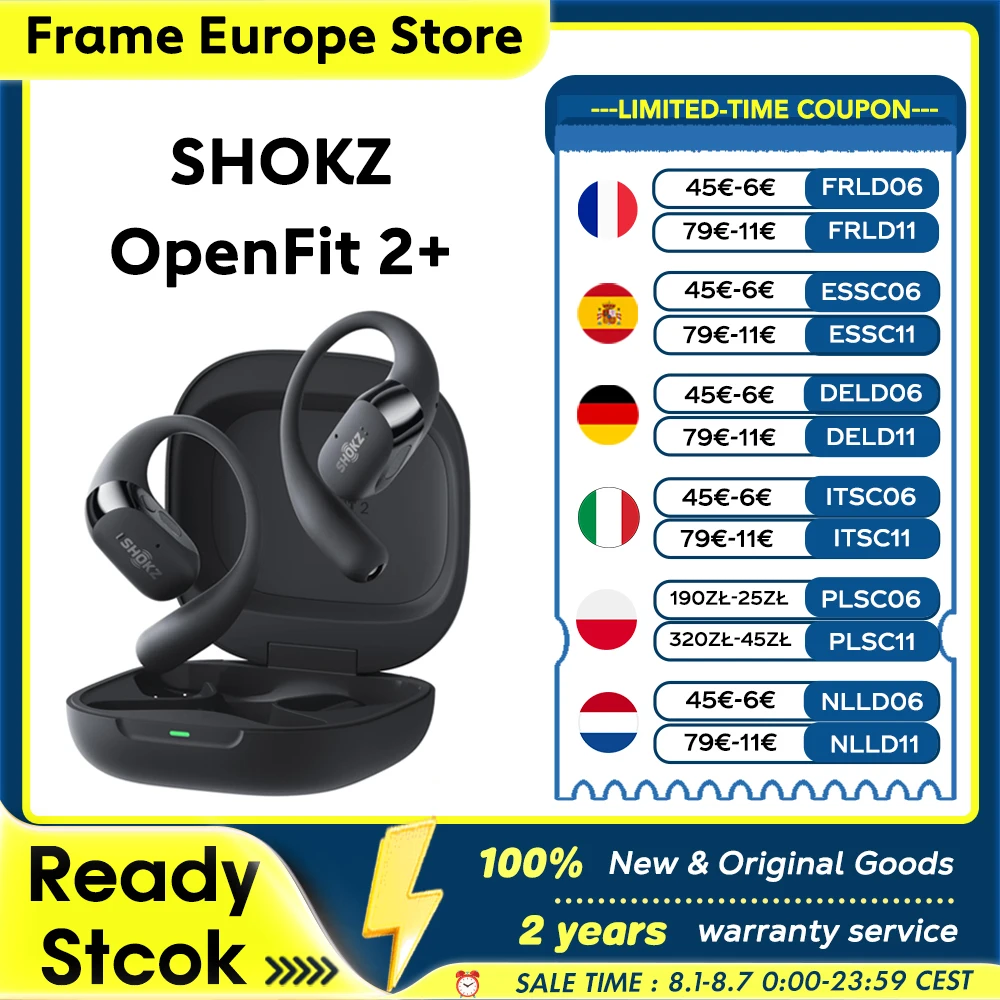 【LOCAL+】SHOKZ OpenFit 2+ T921 Écouteurs sans fil compatibles Dolby Audio 48 heures d'autonomie Résistance à l'eau IP55 Recharge sans fil USB-C Nouveau T921