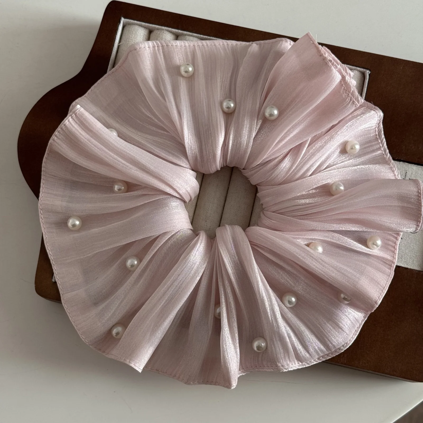 French Pleated Hair Scrunchies High-end Fairy Imitation Pearl Mesh Headband Ponytail Holder Elastic Hait Tie Floral Hair Rope