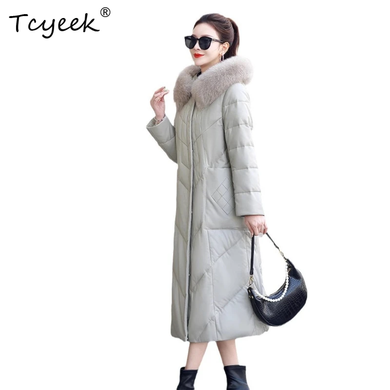 Tcyeek 리얼 양가죽 화이트 덕다운 가을 겨울 고급 후드 롱 여성용 천연 가죽 재킷