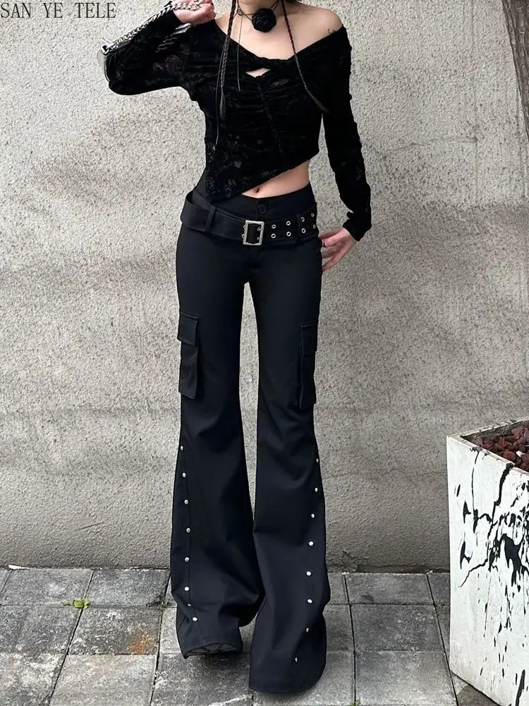Black Rivet Design Belt Decorative Pants Retro New Slim Pants Women High Street Y2k Harajuku Goth Low-waisted Flared Trousers