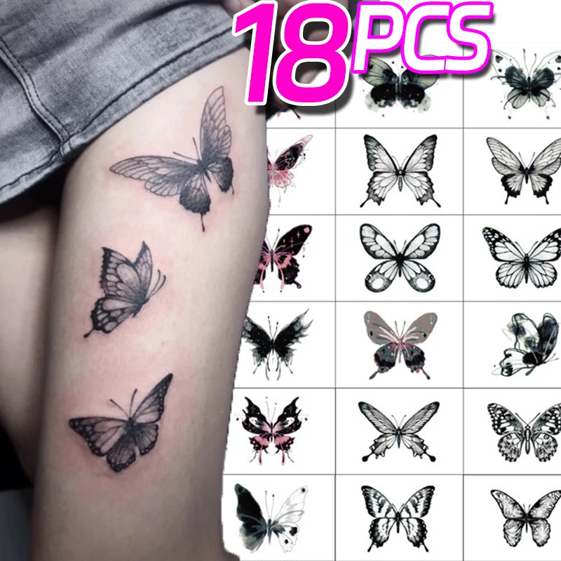Faux Tatouage Temporaire Papillon Foncé pour Homme et Femme, Autocollant Étanche, Poulet, Visage, Mains, Art Corporel, 18 Pièces/Ensemble
