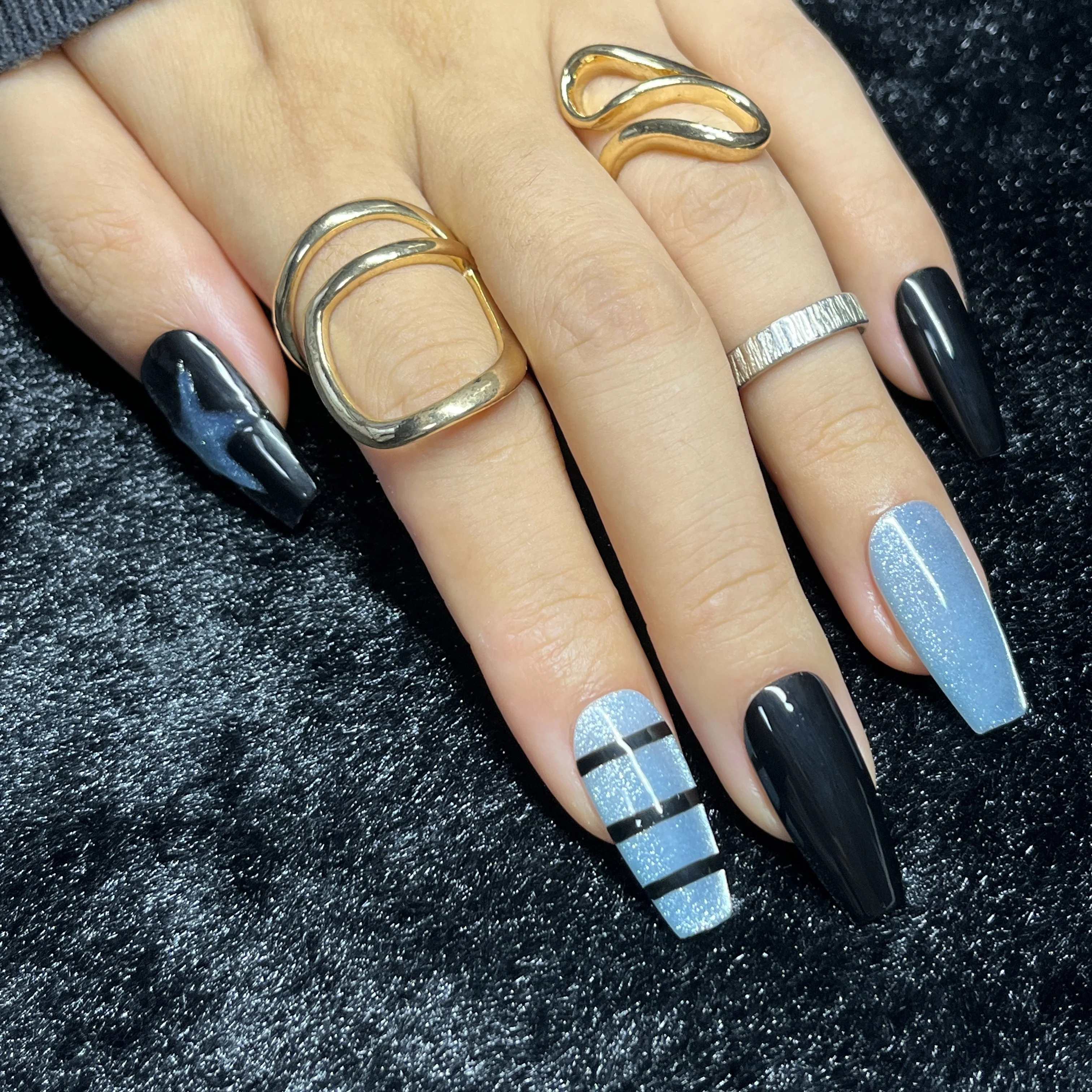 

10PCS Metallic Star Press on Nails Long Coffin Pink Black Geometric Design Sweet Cool American Edgy False Nails Handmade 네일팁 수제