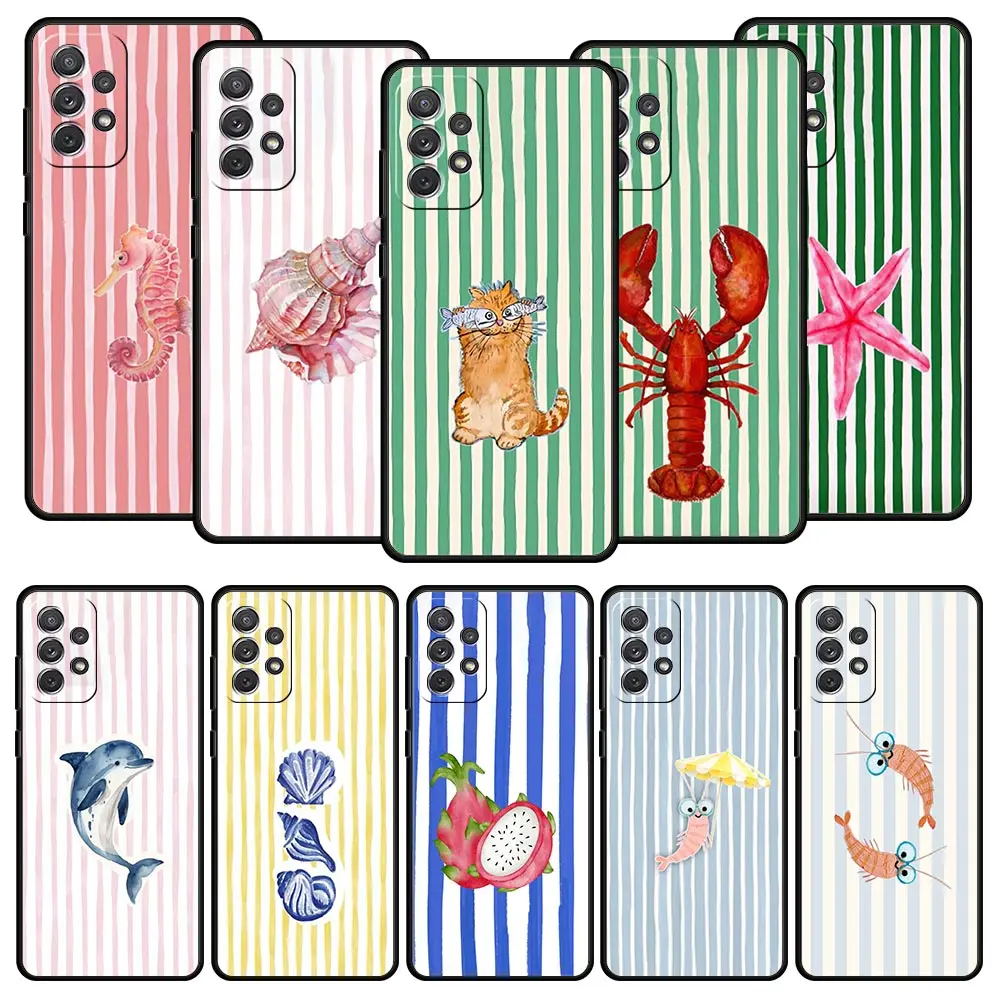 Marine Organism Striped Base Phone Case For Samsung A17 A15 A13 A51 A71 A41 A07 A35 A55 A23 A25 A33 A53 A73 A57 A37 5G Cover