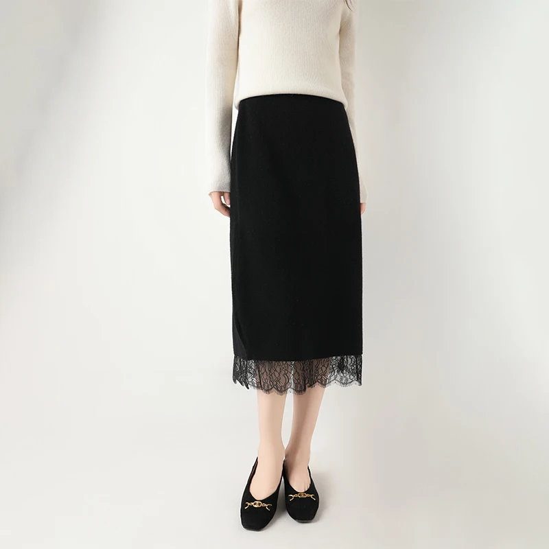 

MEELEX Autumn Winter New Style 100% Merino Wool Skirt Casual Women High Waist Pack Hip A-line Skirt Knitted Lace Trimmed Skirt