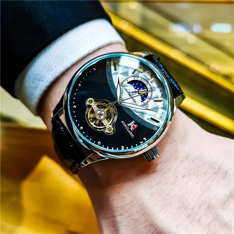 Luxurious and Stylish Men's Mechanical Watch, with a Round Dial, Automatic Winding, Leather Strap, Fashionable Accessory, European, American, Japanese, and Korean Style, Suitable for Business and Casual Occasions, the Best Gift for Him