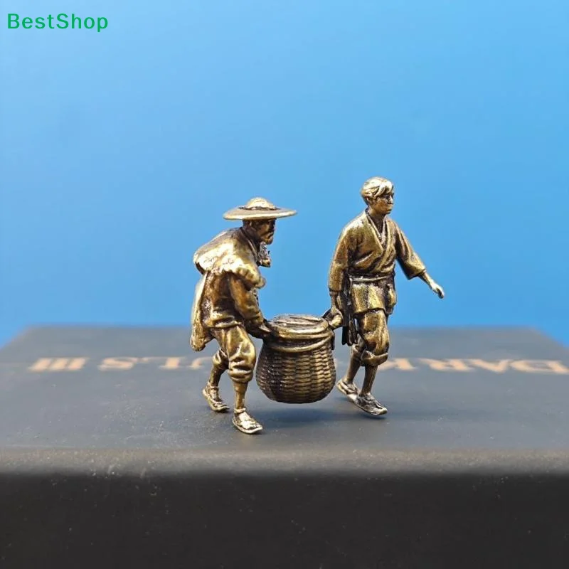 ♩Vintage Brass Mini Farmer Figurine, Two Men Carrying Basket Statue for Bonsai Micro Landscape Ornament