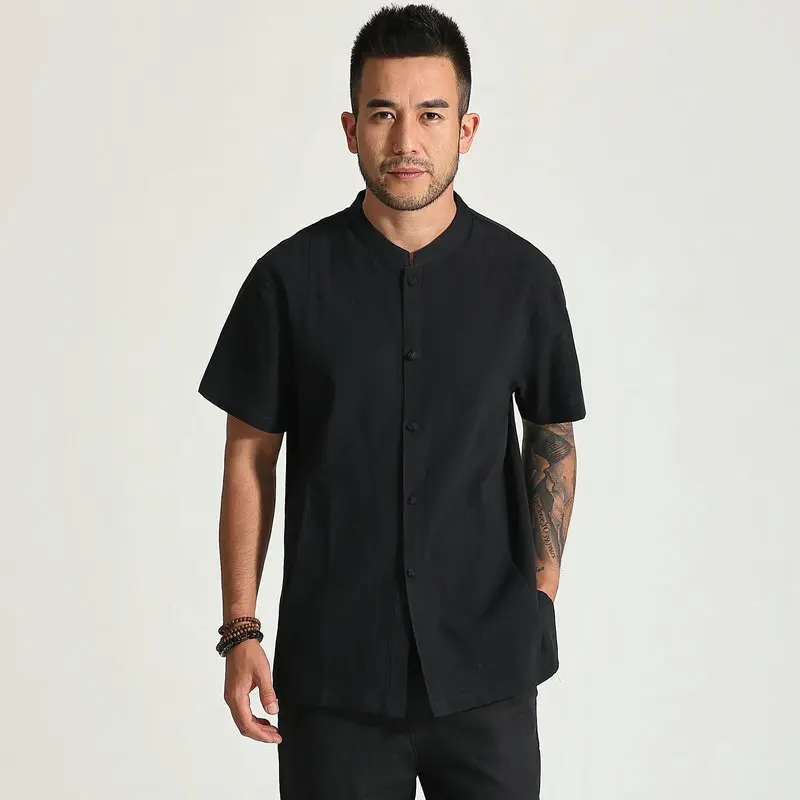 Men Cotton Shirt Beige White Black Mandarin Collar SIngle Breasted Short Sleeve Tops Male Zen Style Top Summer Spring Wear 2025