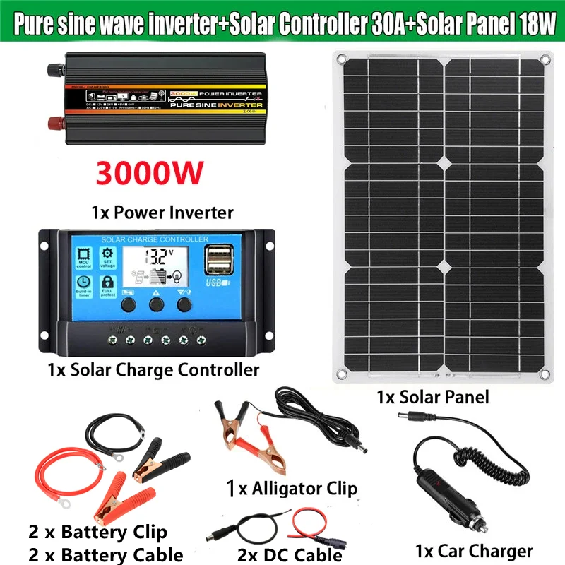 3000W AC 12V TO 110/220VPure Sine Wave Power Inverter with 30A Solar Controller Solar Panel Home Solar Power Generation System