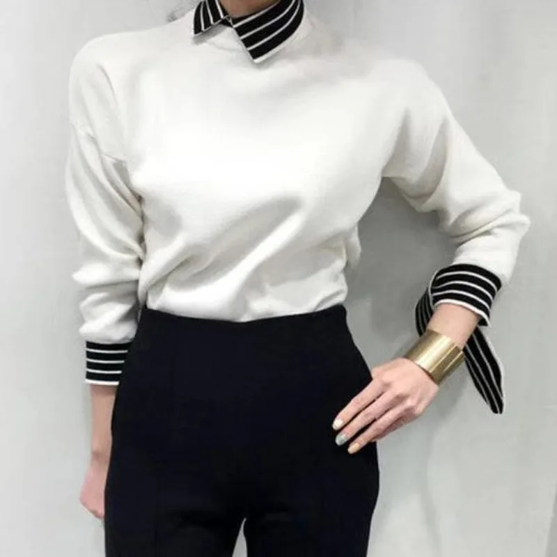 2023 Women's Autumn New Fashion Elegant Striped Collar Spliced Irregular Commuter Versatile Long Sleeve Slim Fit T-shirt Tops