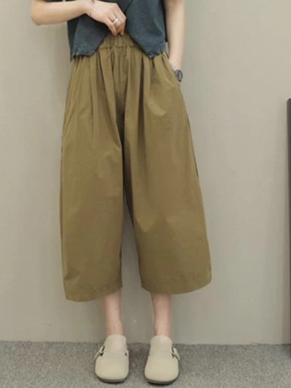 Verano 2025, pantalones de pierna ancha adelgazantes con cintura elástica de talla grande, pantalones sueltos informales rectos de siete pies para mujer