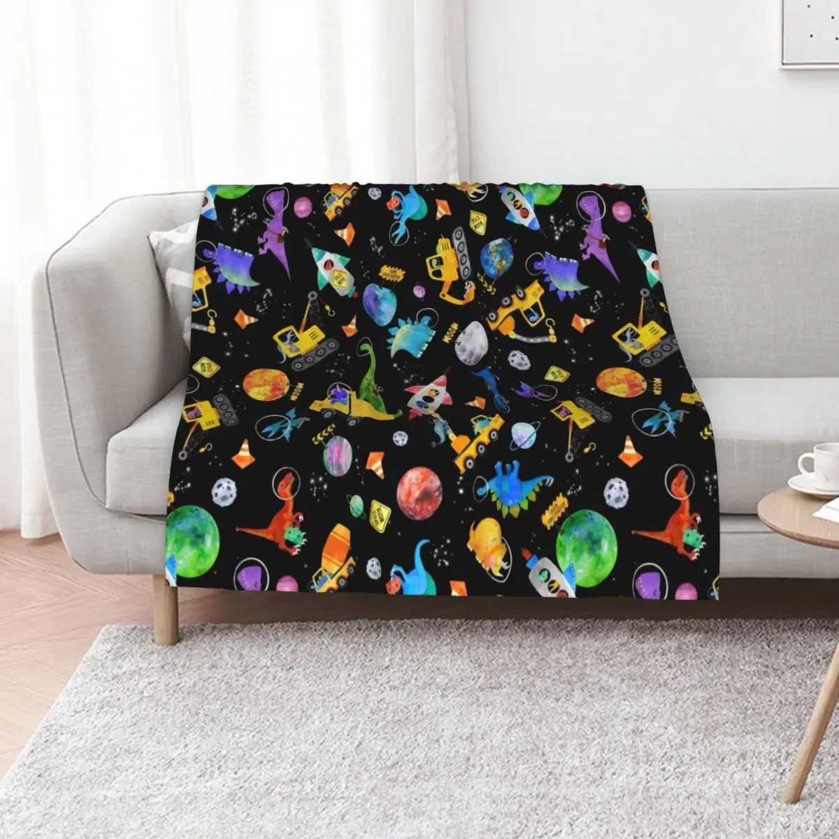 Dinosaur Space Crew Construction Vehicles Throw Blanket Retros Vintage Bed covers Furrys Blankets