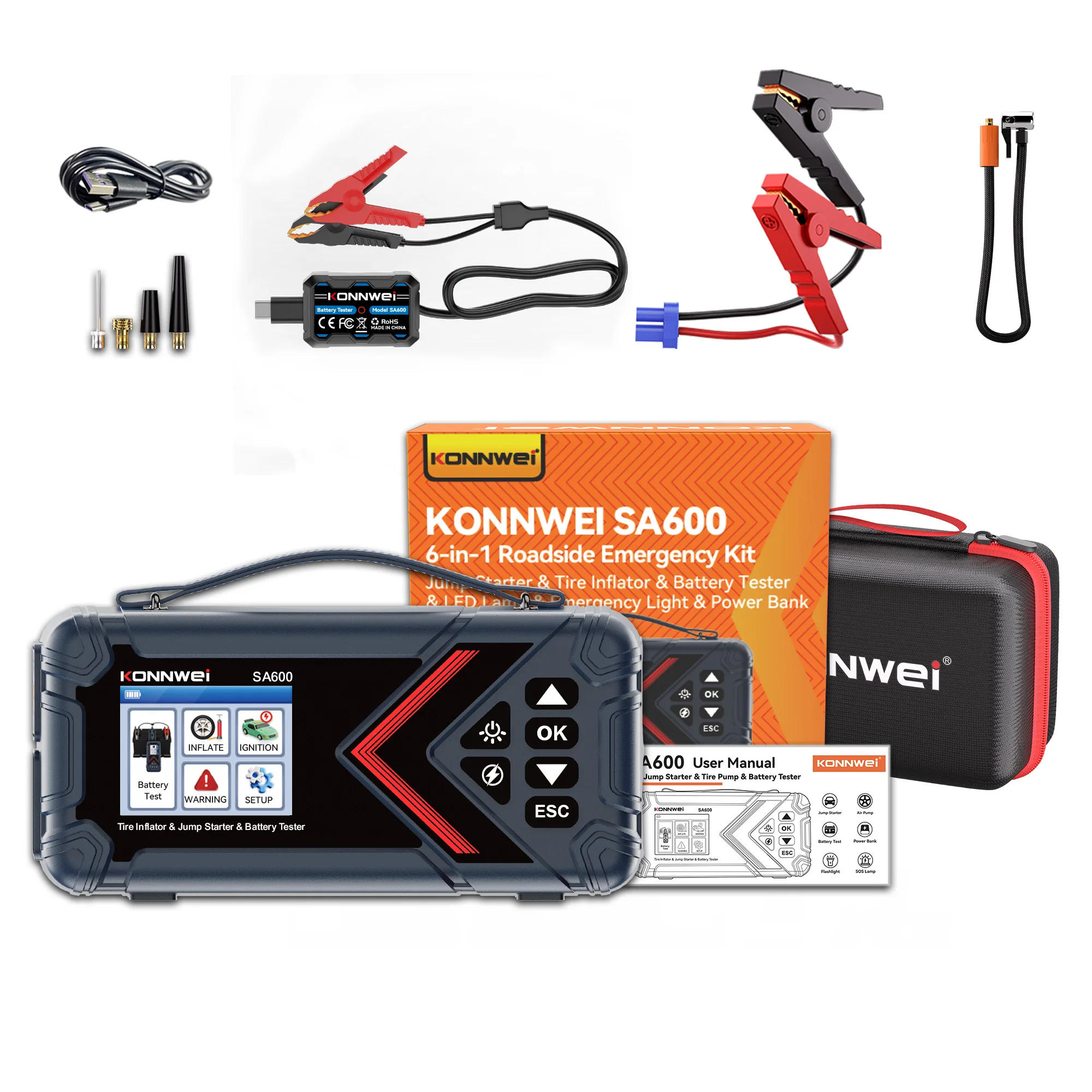6-in-1 Portable Jump Starter 10000mAh 1000A Peak 120PSI Air Compressor Car Battery Booster Tire Inflator