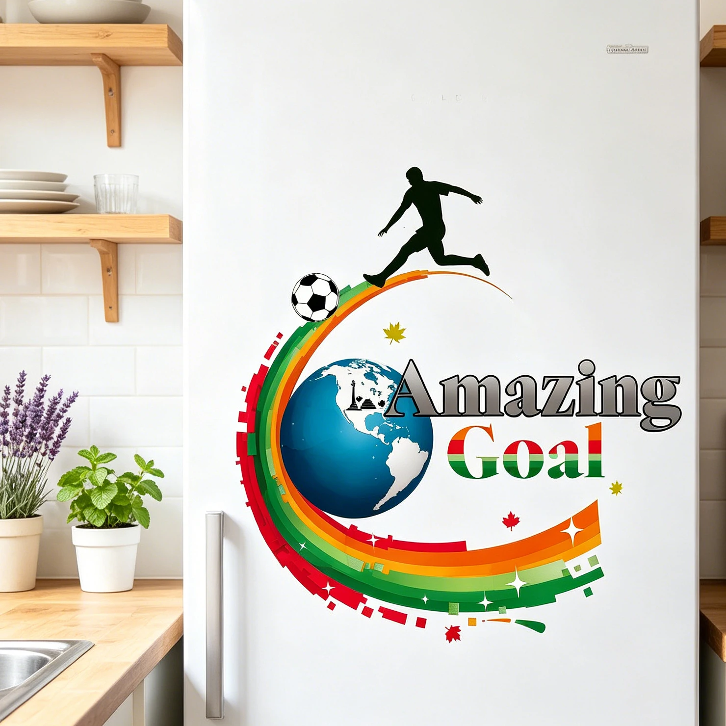 Amazing Goal Soccer Wall Stickers Football Player Silhouette Globe Rainbow Color Curve Wall Decals Removable Boys Sports Room De