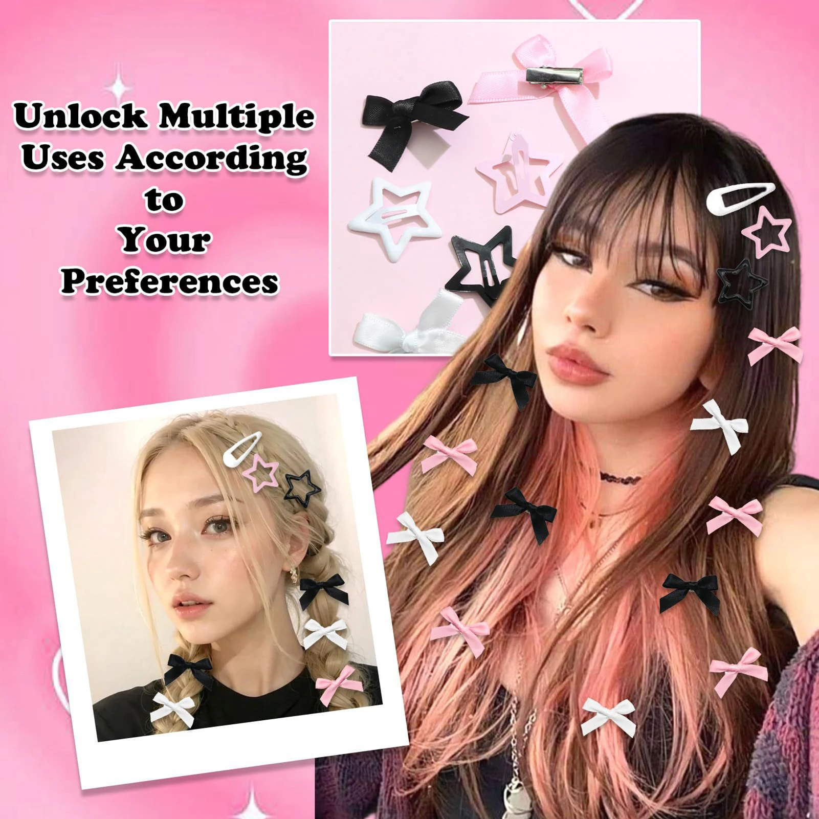 36pcs Y2K Style Hair Clips For Women Pink Black Bowknot Star BB Clip Set Kpop Popular Hairpins Trendy Girls Hair Accessories