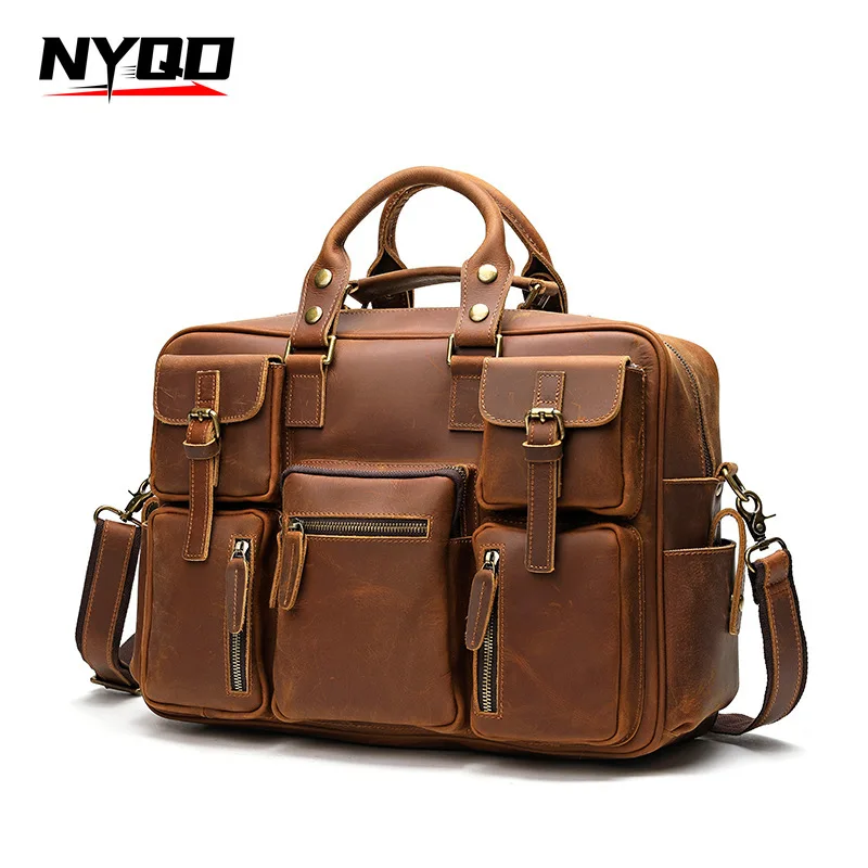 Retro Men's Leather Handbag Top Layer Cowhide Briefcase  Large Capacity Travel Bag Laptop Shoulder Crossbody Bag