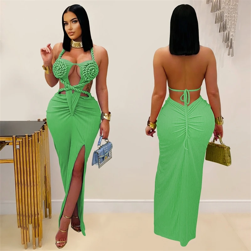 Vestido largo fruncido recortado para mujer, naranja, sexy, con cuello halter, sin espalda, con abertura larga, vestidos de fiesta, trajes de cumpleaños