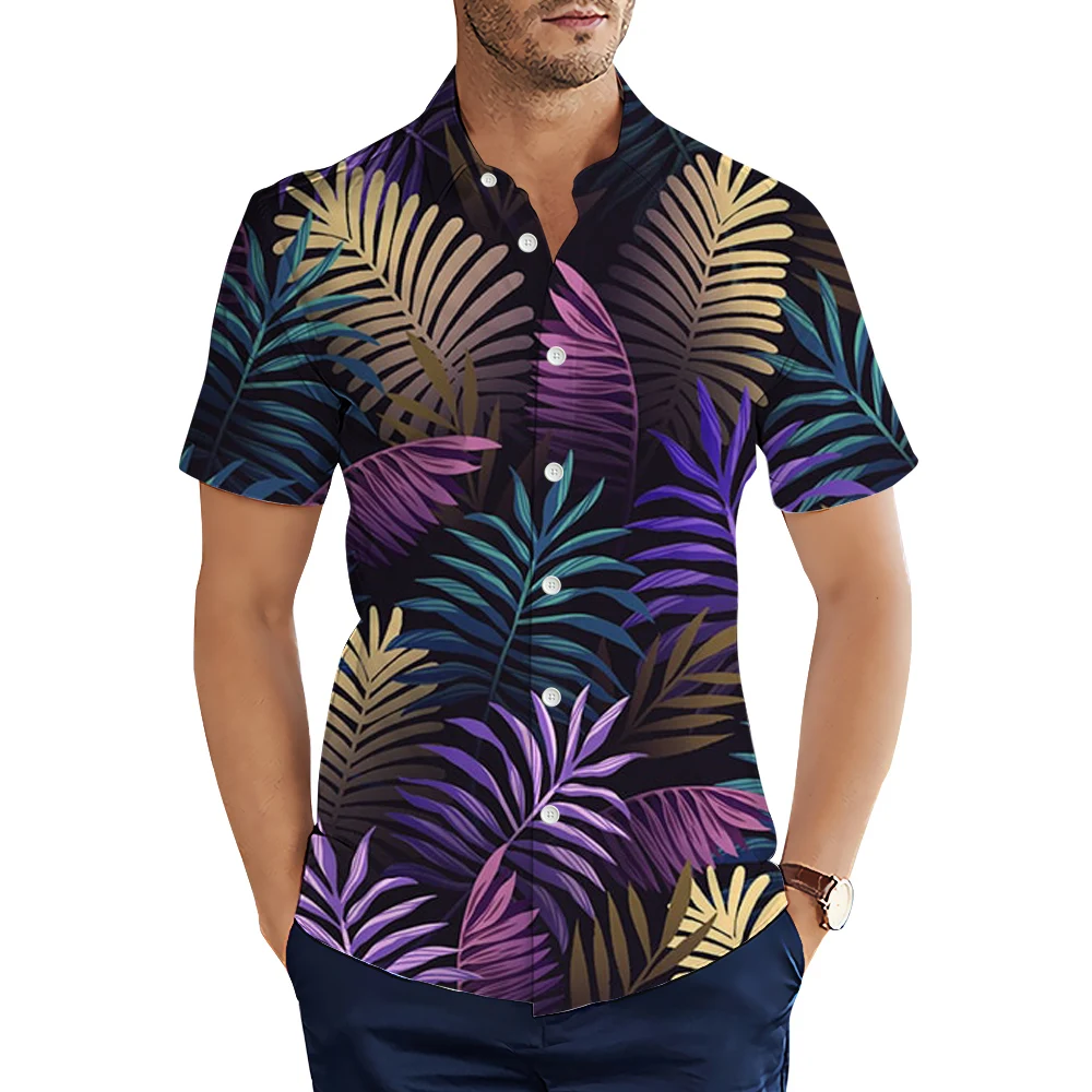 

HX Fashion Men's Shirts Hawaii Polynesia Colorful Leaves Printed Casual Shirt for Men Short Sleeve Beach Shirt Dropshipping