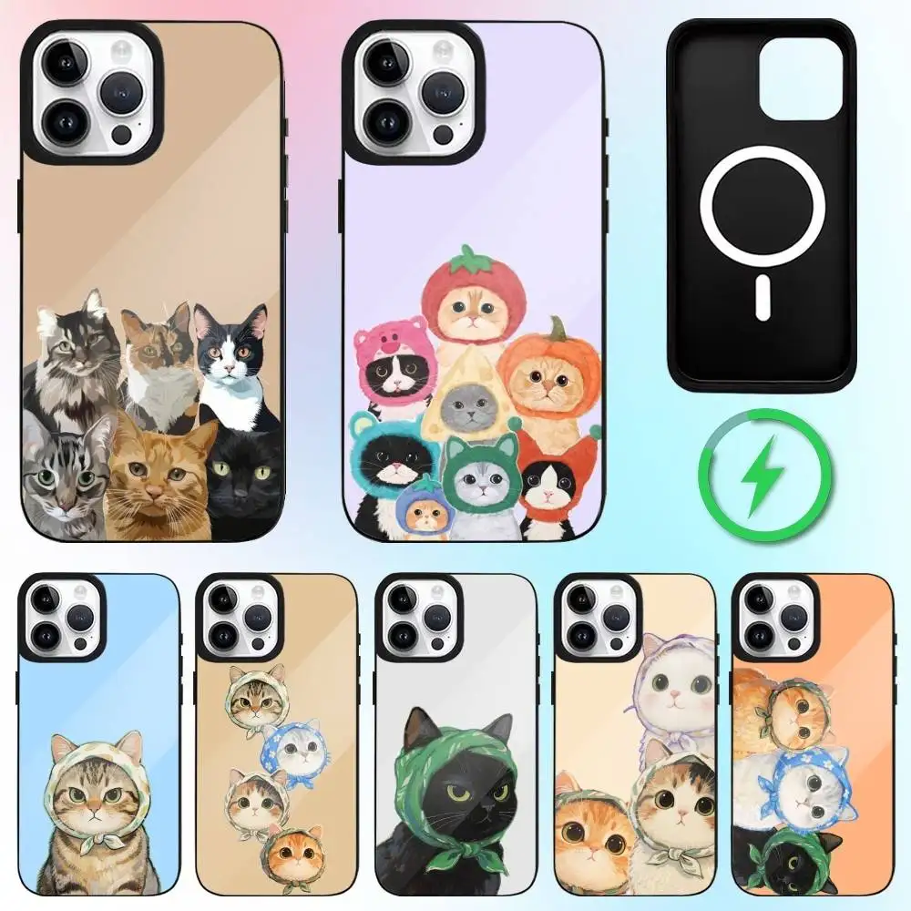Coque de téléphone à motif de chat de dessin animé, couleur mignonne, tendance, pour iPhone17,16,15,14,13,12,11 Plus,Pro Max, charge sans fil magnétique Magsafe