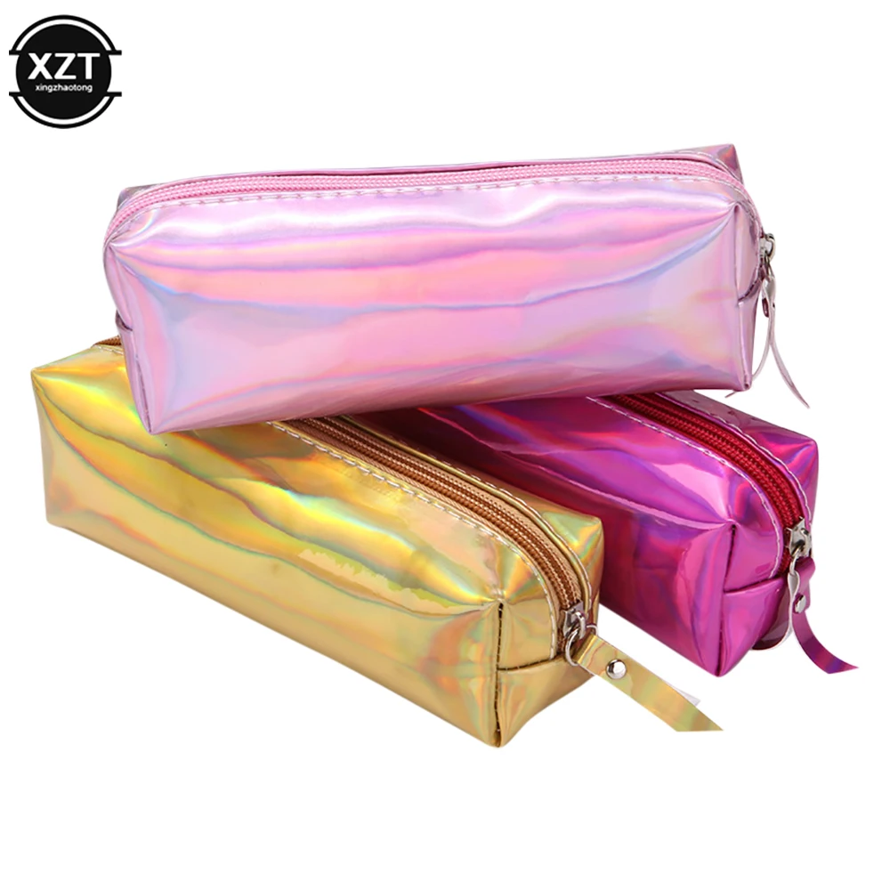 Colorful Waterproof Laser Pencil Case Rose Gold Pu Quality Supplies Kawaii Stationery Pencil Box  Stationery Makeup Storage Bag