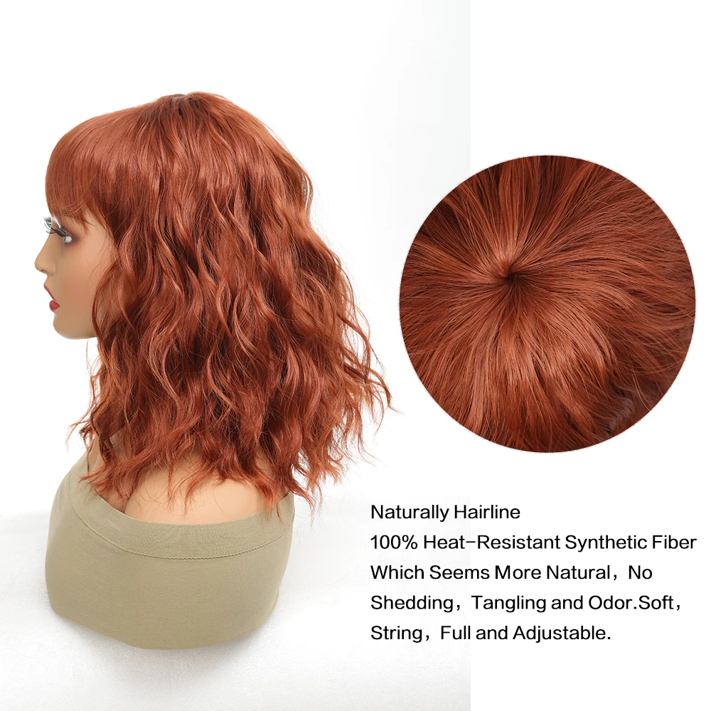 Short Wavy Honey Brown Copper Synthetic Wigs with Bangs Cosplay Lolita Bob Wig for Women Afro Daily Natural Heat Resistant Hair